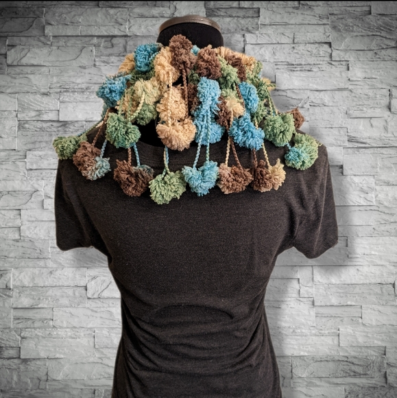 Handmade Fluffy Scarf by me!! Super Soft Puff Balls Green Aqua Blue Brown - Picture 10 of 12